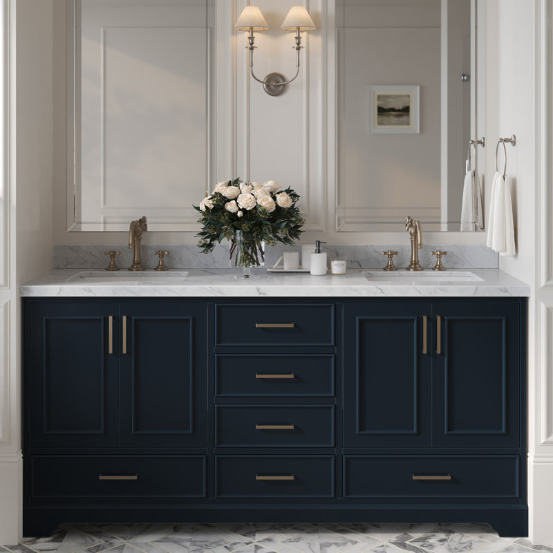 73'' Double Bathroom Vanity with Carrara Marble Top, Midnight Blue