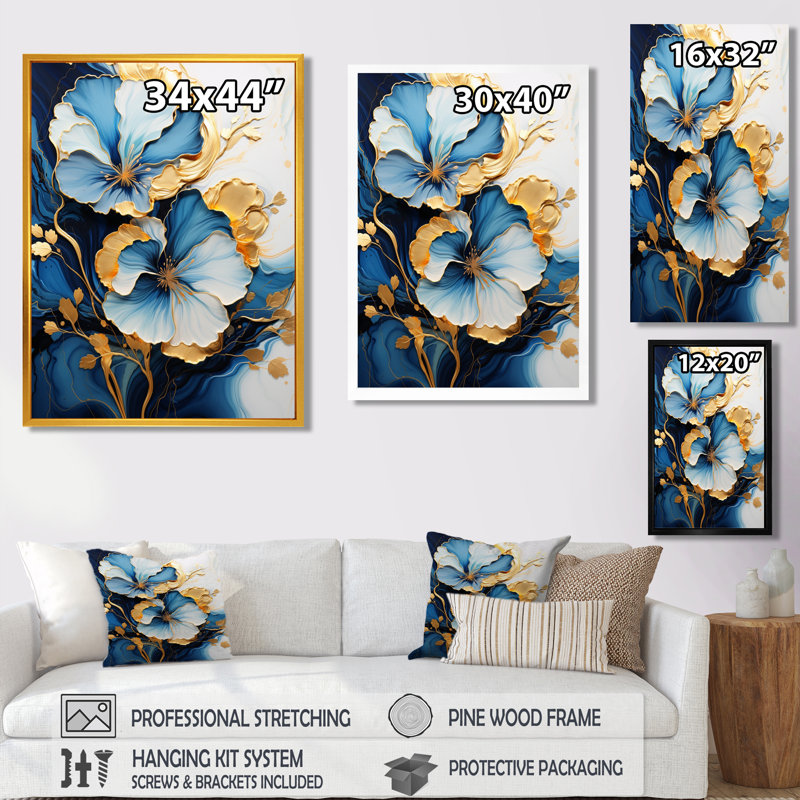 «White Blue Flower Gold Leaves - Abstract Modern Waves», art mural, Toile avec cadre flottant noir