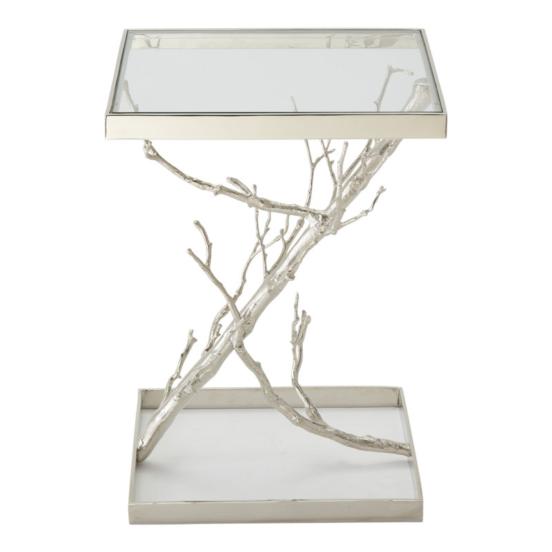 Sleek Nickel Finish 16" Square Metal End Table with Glass Top