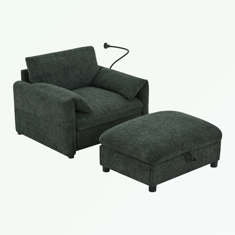 Canapé simple avec repose-pieds de rangement, support de téléphone réglable et chargeur USB, Vert