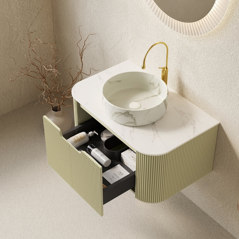 Meuble-lavabo flottant avec lavabo en céramique et plateau en pierre frittée, armoire en contreplaqué à rayures 3D vert clair, tiroir à fermeture en douceur, pré-assemblé pour une installation facile.