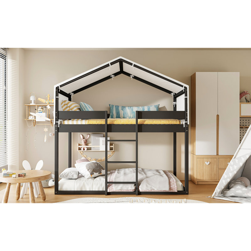 Lit simple superposé au-dessus de bois avec tente, finition, construction solide, maisonnette amusante pour une maison solide, option de rangement supplémentaire
