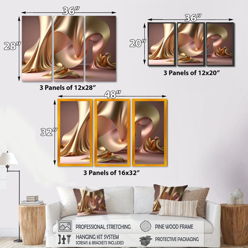 Or liquide lisse dans de douces nuances d'or et de taupe I - reproduction de 3 pièces sur toile, H 20 po x l 36 po