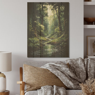 River Into Enchanted Woods I - Forest Wood Wall Art On Natural Pine Wood