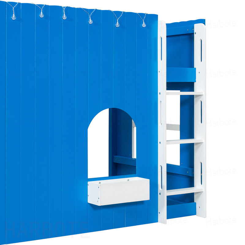 Lit mezzanine simple pour enfants avec guirlande lumineuse à DEL, bleu Klein, Blue