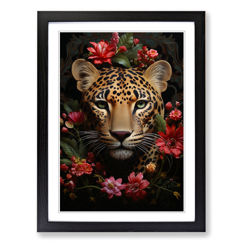 Leopard Rococo - Single Picture Frame Print on Wood, 46cm H x 34cm W x 2cm D, Black Framed