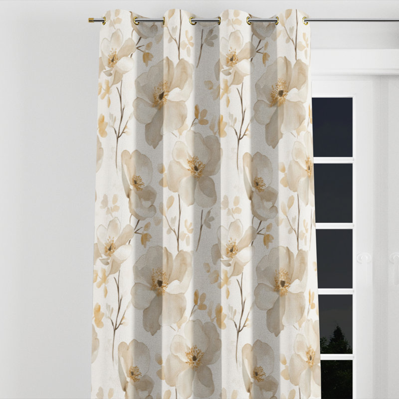 French Country Room Darkening Curtains - Floral Cream Bloom Grommet Curtain - 1 Panel, Gold Grommets, 52" W x 63" L