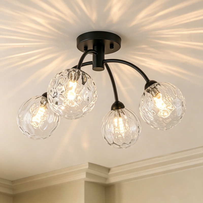 4-Light Iron Flush Mount Ceiling Light with Water Glass Globes, Matte Black