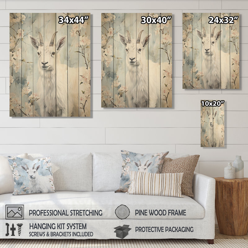 Chèvre blanche en hiver, tranquillité - animal de chèvre sur bois, H 20 po x l 10 po