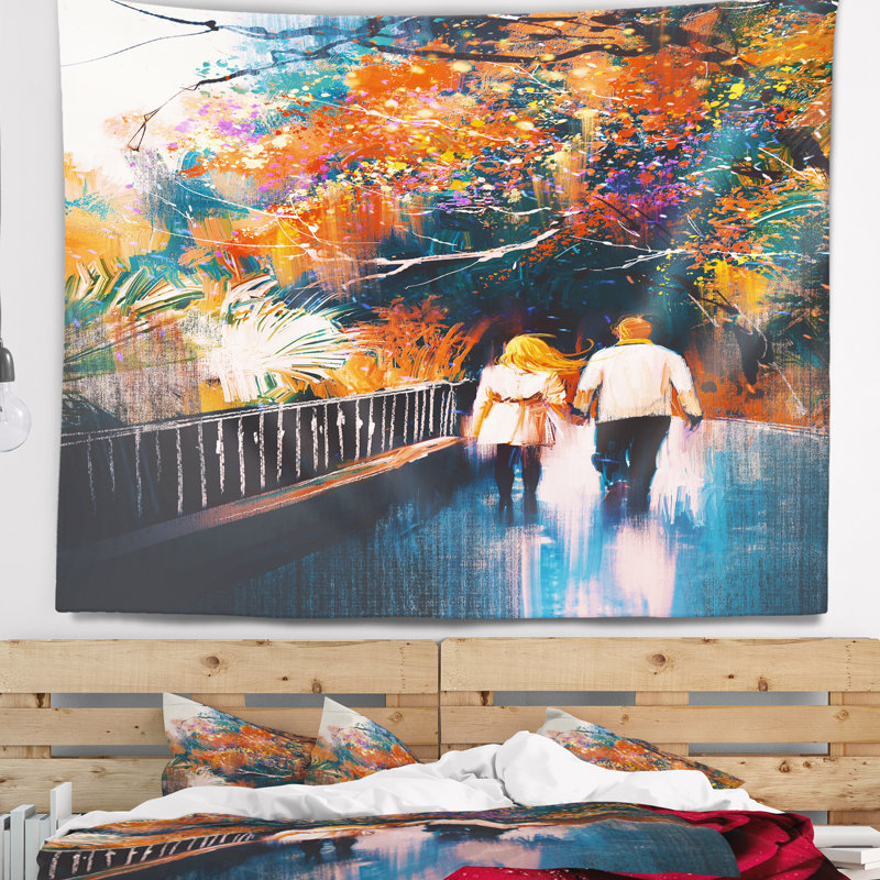 Paysage couple marchant tenant la main tapisserie, H 50 po x l 60 po