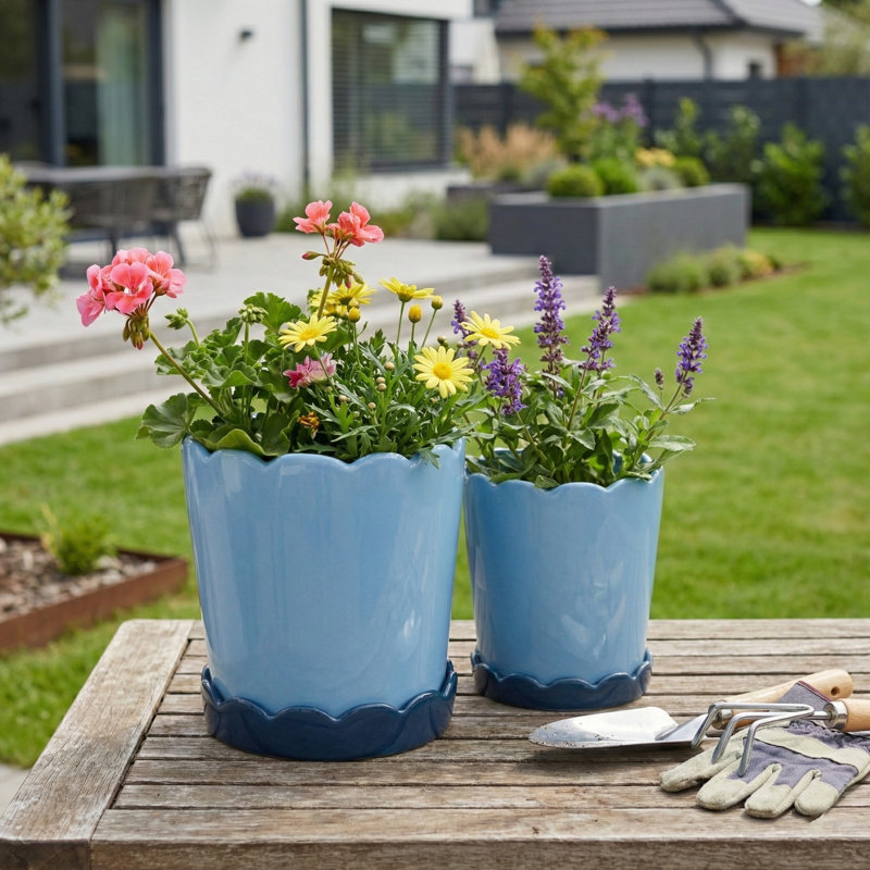 Decorative Glazed Planters With Saucers for Indoor & Outdoor Patio Use -  Scalloped Flower Pots Home  Accent for Living Room Decor - Set Of 2, 8", 7"