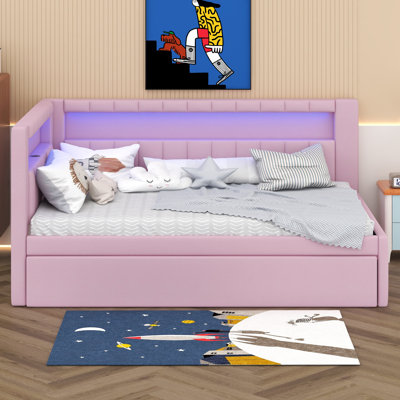 Lit plateforme tapissier avec lit gigogne, lit tapissier en lin avec ceinture à DEL, tête de bibliothèque en forme de L et ports USB