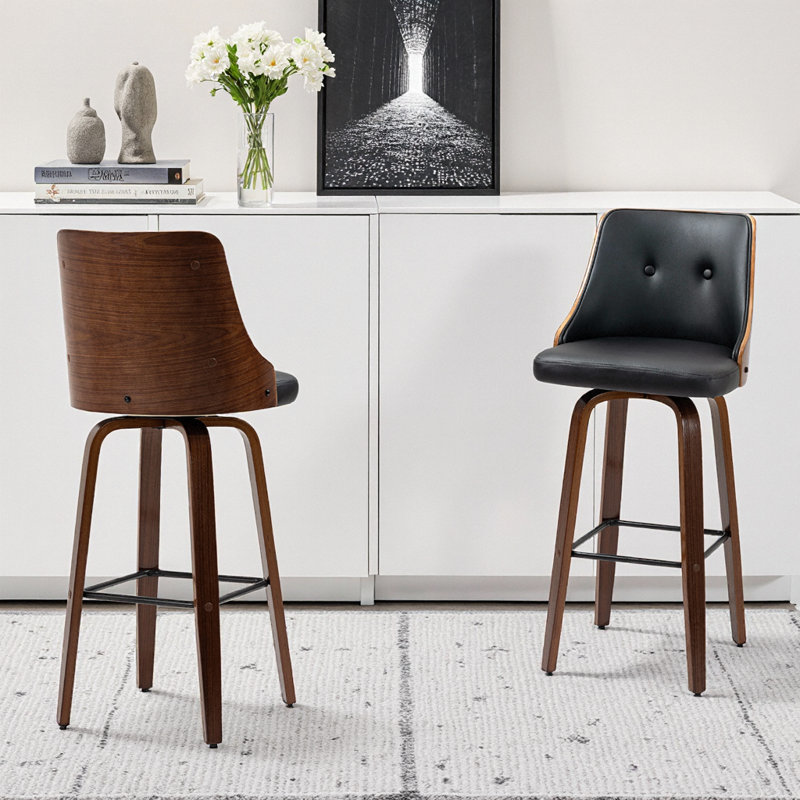 Black PU Leather Swivel Bar Stools with Tufted Back and Footrest, Set of 2