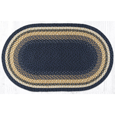  Tapis tressé ovale bleu clair, bleu foncé et moutarde - qualité artisanale