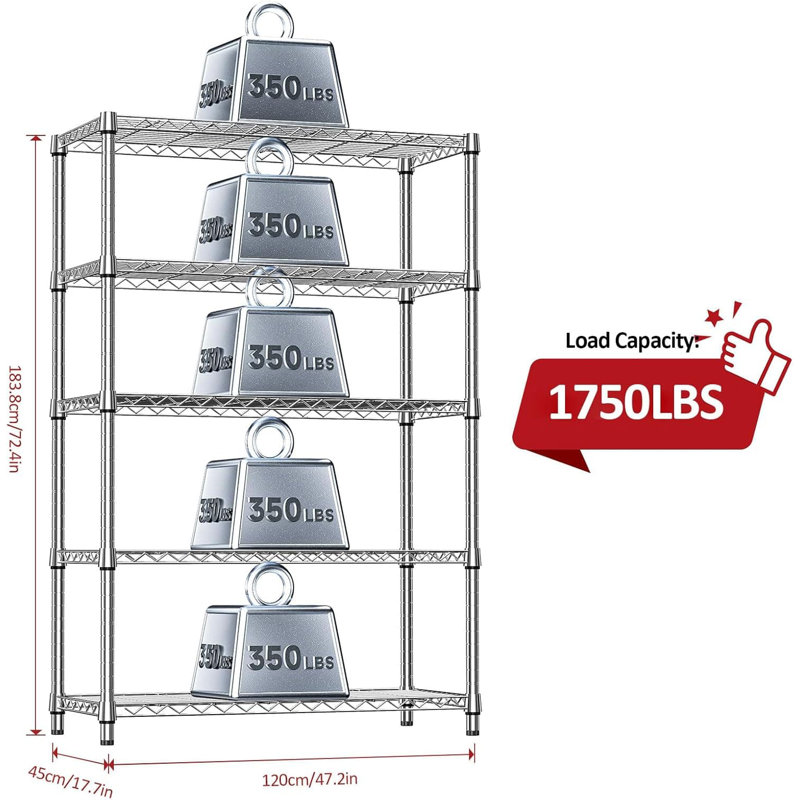 Étagère de rangement robuste en métal à 5 niveaux avec capacité de 1750 lb, organisateur de support en fil d'acier réglable pour le garage, la cuisine, le garde-manger, le sous-sol et la salle de lavage