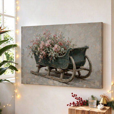 Fleurs roses dans un traîneau rustique, toile tendue, 61 x 91 cm, décoration murale moderne pour salon et chambre