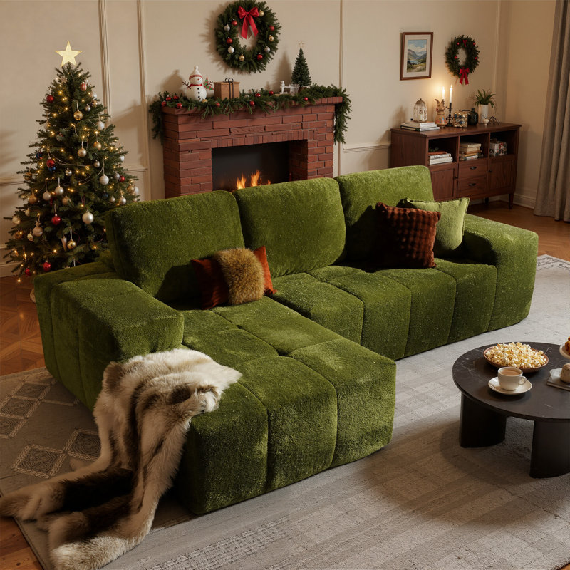Alcala Boneless L-Shaped Plush Upholstered Comfy Cloud Sectional Sofa, Green Polyester