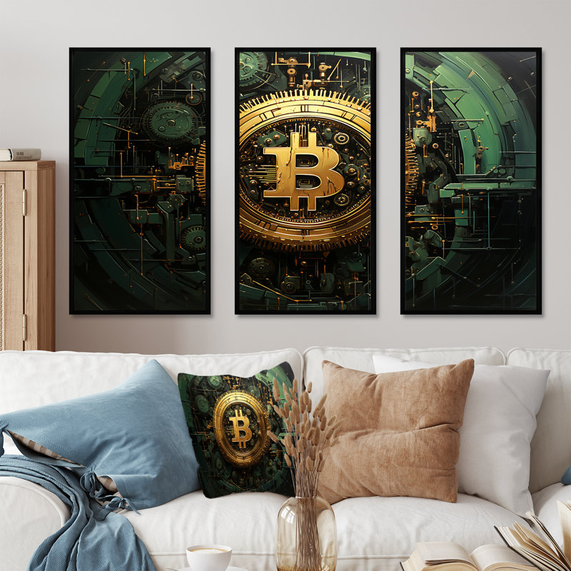«Gold Impressionistic Crypto Bitcoin», art mural mode, H 28 po x l 36 po x P 1 po, Cadre flottant noir
