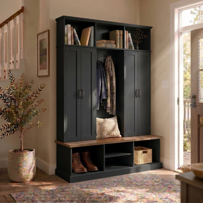 62'' Wide Hall Tree With Bench And 2 Side Cabinets, Extra Large Entryway Organizer With 3 Top Cubbies And 4 Bottom Shoe Compartments