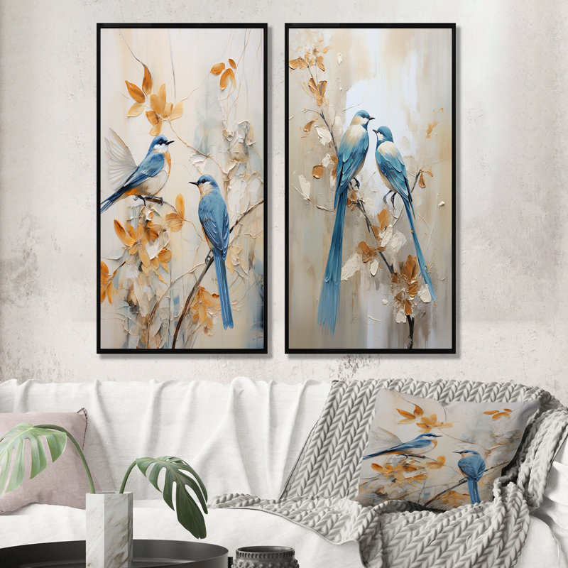 Minimalisme, oiseaux, paradis floral, ensemble de 2 décorations murales, H 40 po x l 41 po, Cadre noir