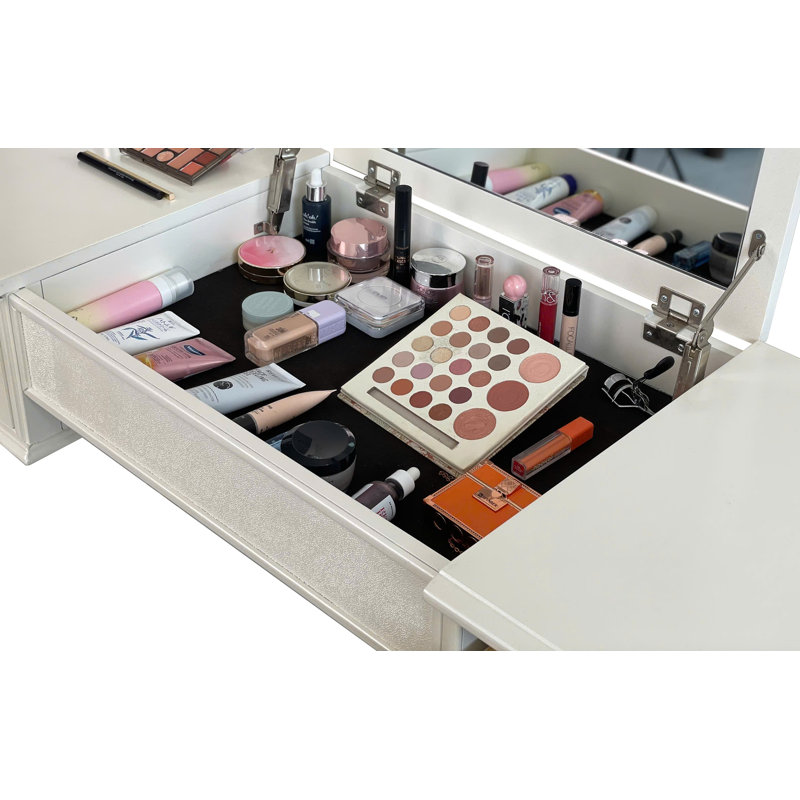 Mirrored Vanities Desk With Drawers, Bedroom Makeup Vanity Table Set With Mirror And Stool, Flip Up Dressing Table, White