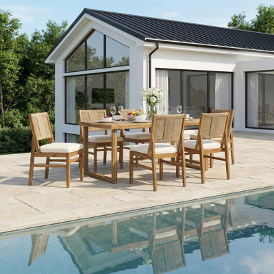 Jive Patio 7-Piece Acacia Wood Dining Set With Handwoven Wicker Chairs & Cushions