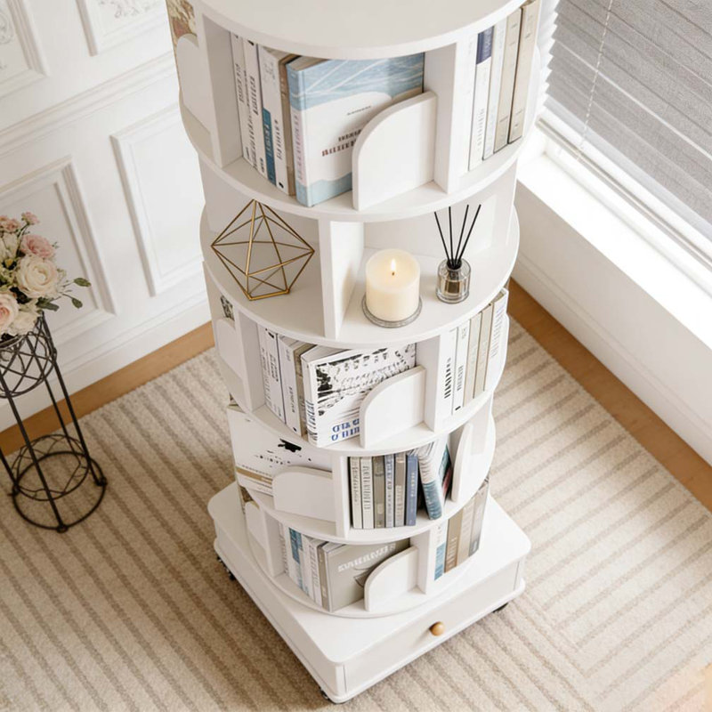 Bibliothèque rotative avec tiroir, bibliothèque d'angle à 6 niveaux à 360 degrés pour étagères, bibliothèque sur pied, Blanc