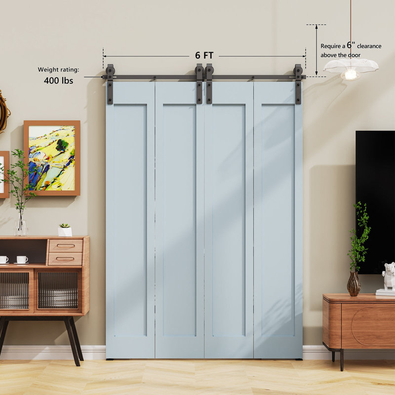 Ensemble de rails pour porte de grange pliante double noire de 72 pouces avec crochet en J pour quatre portes
