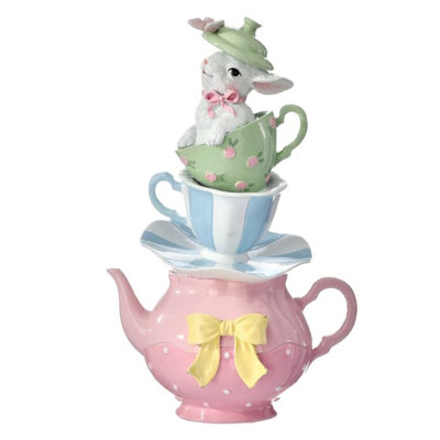 11" Resin Teacup Stack W/bunny