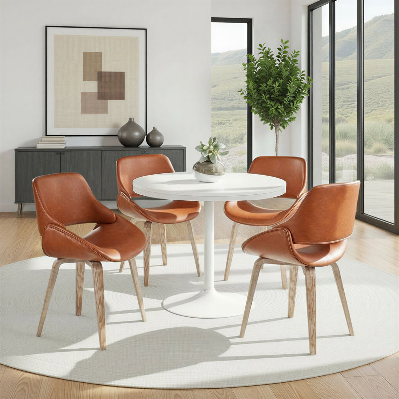 Najrin Upholstered Side Chair with Bent Wood Legs, Camel Faux Leather, White Washed Bent Wood