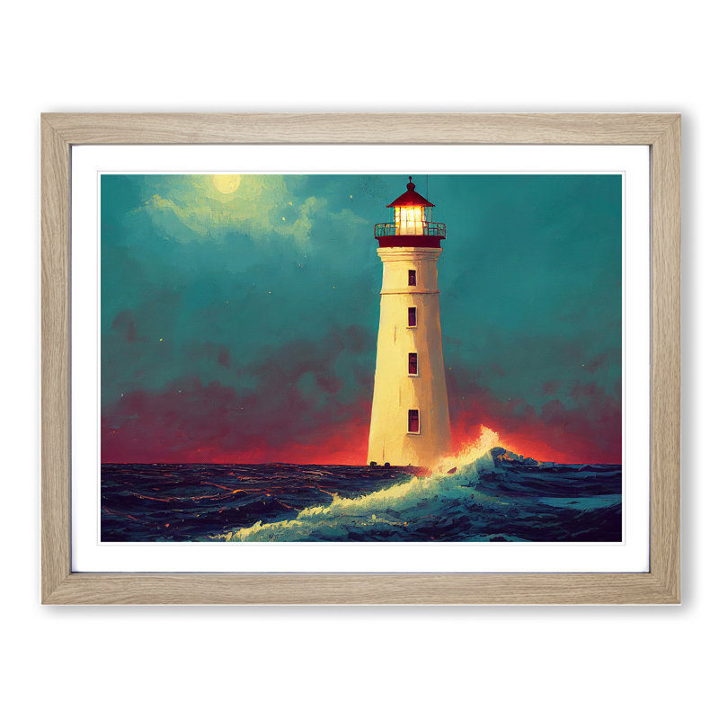 Dreamy Lighthouse - Single Picture Frame Print, 25cm H x 34cm W, Oak