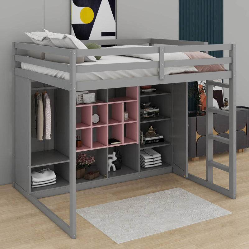 Lit mezzanine double en bois avec tablettes, armoire et garde-robe, Gris / Rose