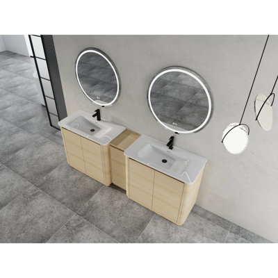 84'' Freestanding Bathroom Vanity with White Ceramic Sink, and 1-Small Storage Cabinet, Soft-Close Door, American White Oak, Plywood (KD-Packing)-36" x2+12"