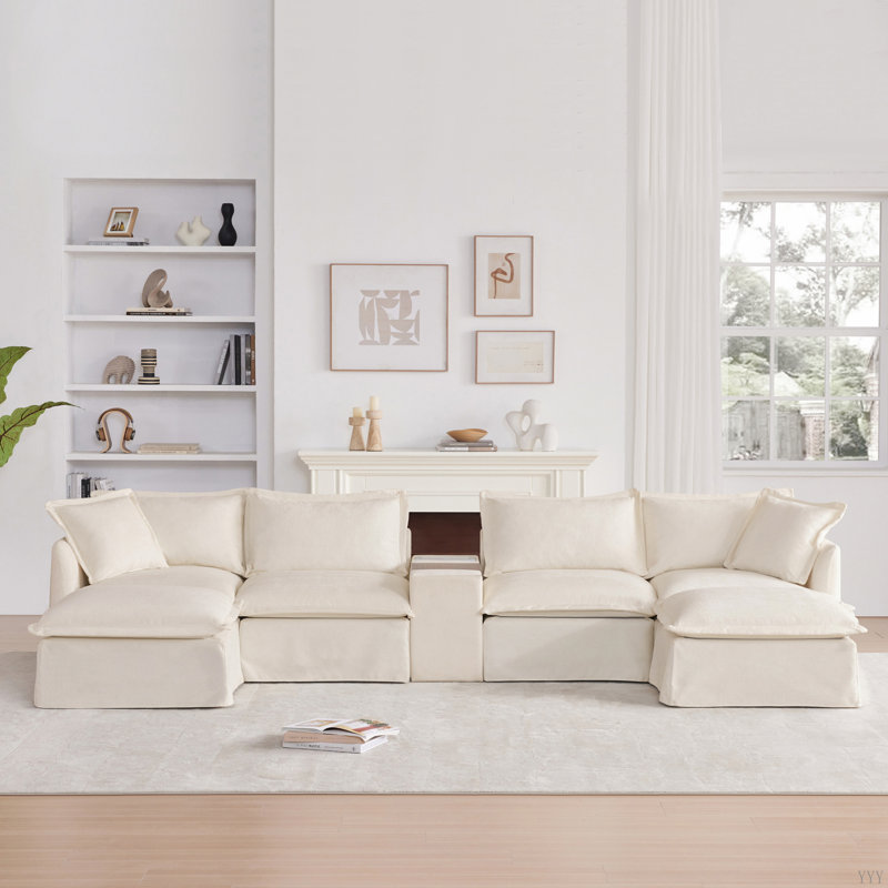 Canapé modulaire de 131 po avec repose-pieds mobile et console, porte-gobelet, siège large, canapé en U de 6 places, canapé en chenille surdimensionné avec chargeur USB pour le salon, appartement, 2 couleurs