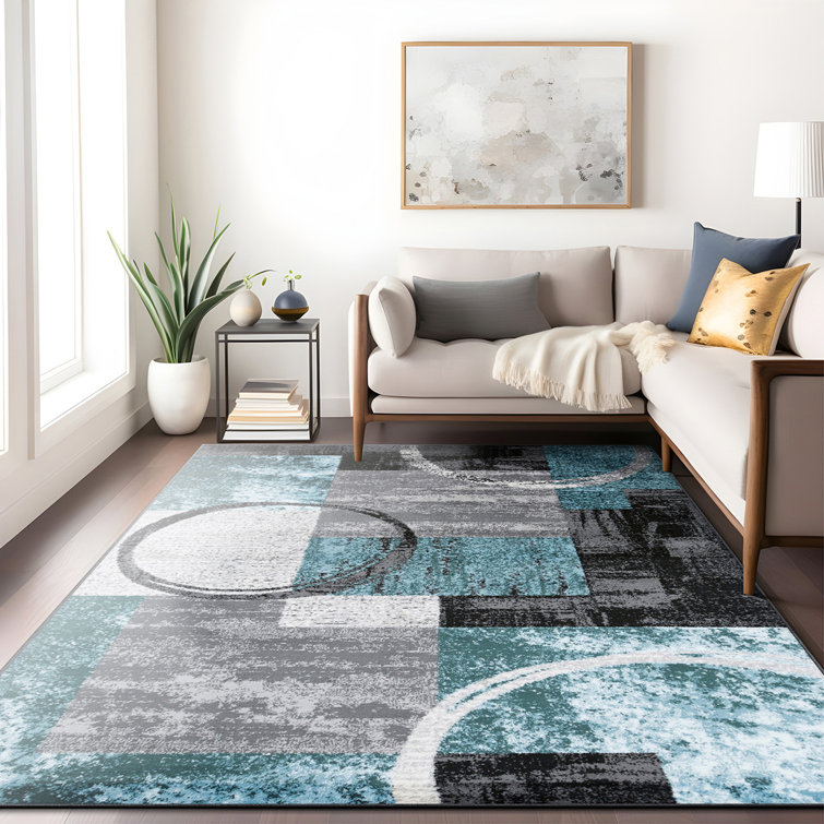 Flash Furniture Gideon Collection Geometric 5' x 5' Blue, Grey, and White Round Olefin Area Rug with Cotton Backing, Living Room, Bedroom