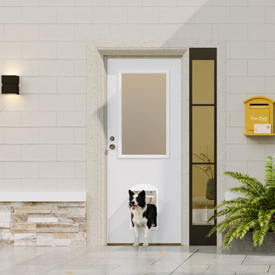 Entry Door Slab With Frosted Glass & Magnetic Pet Door – Solid Wood, Deadbolt Lock (Single-Key System)