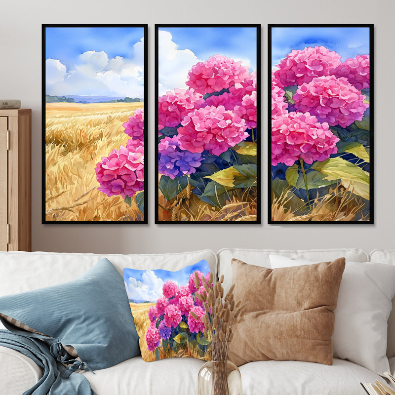 Hortensias dans le champ de céréales III - art mural hortensias - ensemble de 3, H 28 po x l 36 po, Noir