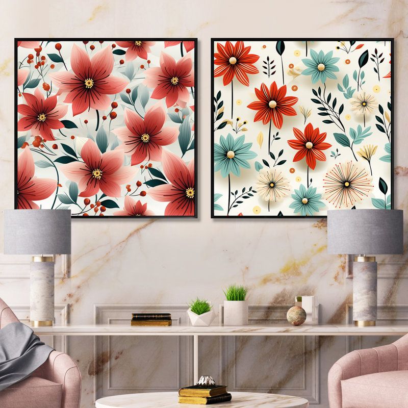 Groseiller - Ensemble de 2 collages floraux carrés, Cadre flottant noir, H 16 po x l 33 po