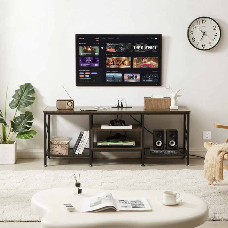 Pridgen TV Stand for 55 Inch TV with Power Outlets, Rustic Brown Entertainment Center with Open Storage Shelves for TVs up to 55 Inch, Industrial Media Console Table with Charging Station for Living Room, Bedroom, Apartment