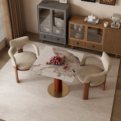 33''Modern Luxe Square Dining Table Collection with Walnut Base and Gold Accents — Available in Obsidian Glass, Polar Vein, Earthstone, and Midnight Grid Finishes