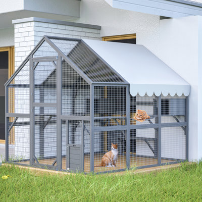 Outdoor Cat Enclosure Luxury Wooden With 2 Doors, Playpen, Hiding Houses. Gray House Houses, Bridges.