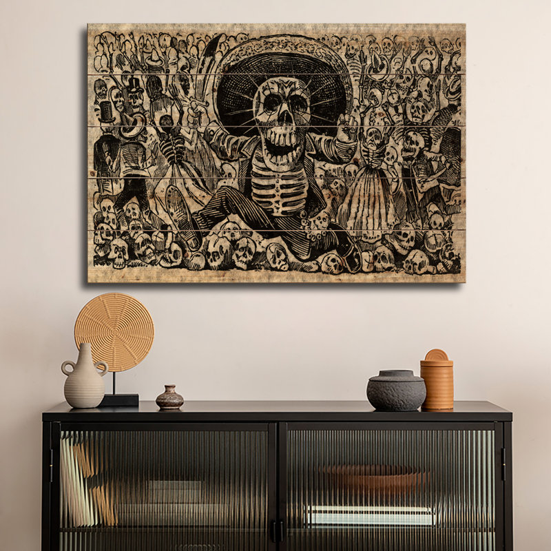 Reproduction d'art mural en bois - Squelettes - Calavera d'Oaxaca par Jose Guadalupe Posada, H 18 po x l 26 po