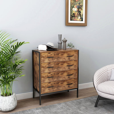 Commode à 4 tiroirs de style industriel, armoire de rangement en bois brun rustique avec structure en acier robuste, commode à 4 tiroirs, armoire de rangement pour chambre à coucher, salon (commode)
