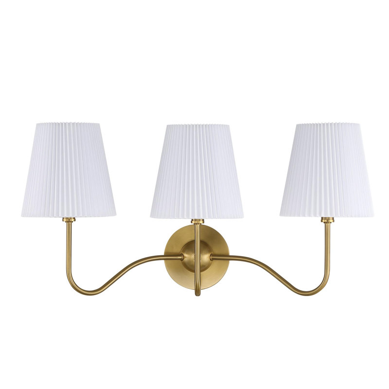 Applique murale de salle de bain à 3 lumières, fini or brossé, 24 po, avec abat-jour plissés en tissu blanc, Gold
