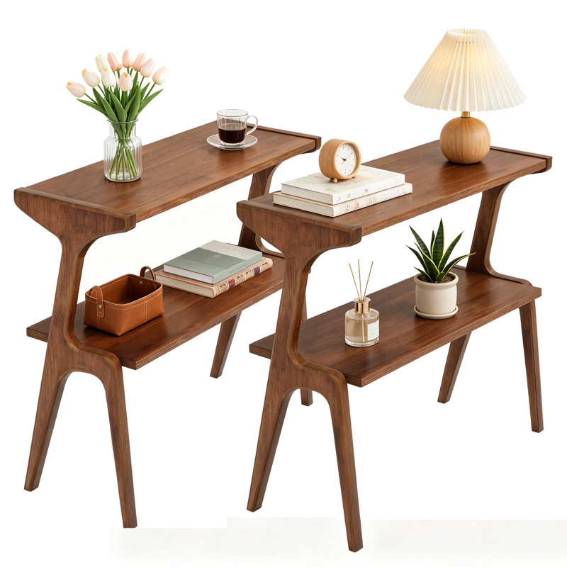 Ensemble de 2 tables de bout en bois massif avec tablettes de rangement, Brun rustique