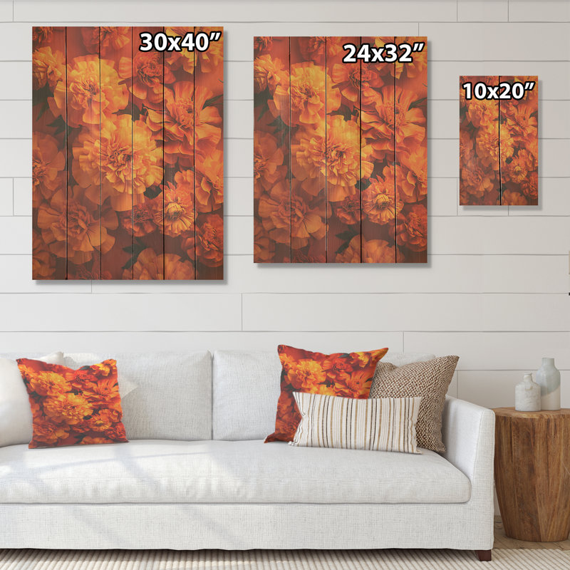 Orange, souci, mémoire dévoilé - Art mural en bois de souci sur bois de pin naturel, H 20 po x l 10 po