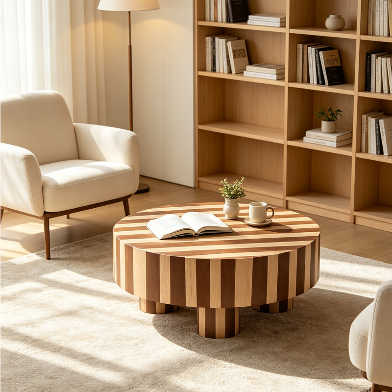 Table basse ronde en bois naturel avec rayures noyer, Naturel, noyer