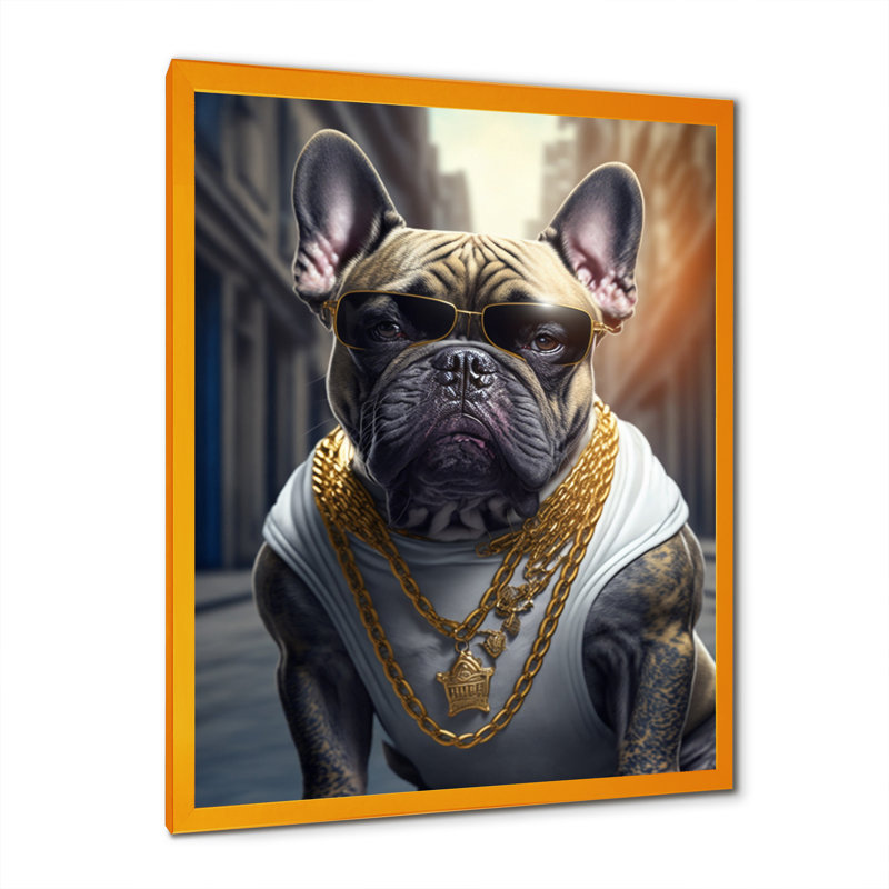 «Frenchie Gangster in NYC V», impression sur toile, Impression dorée sur toile encadrée, H 32 po x l 16 po x P 1 po