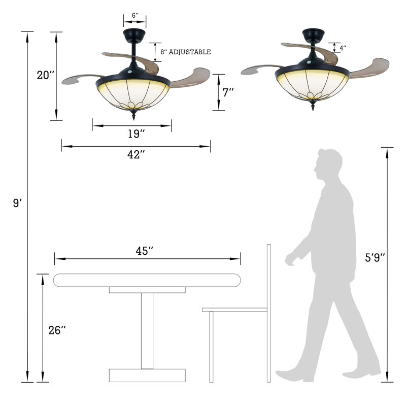 42" 4 - Blade Led 3 Speeds 3 Light Ceiling Fan With Remote Control Retractable Blades And Light Kit Included
