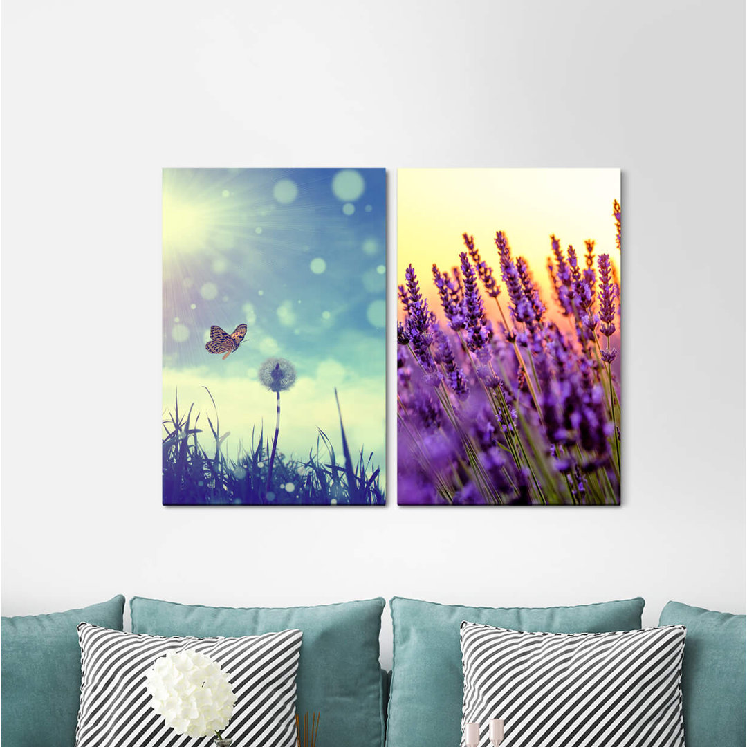 2-tlg. Leinwandbilder-Set - Grafikdruck „Summer Butterfly Blowball Lavender Field Sun Sunshine”